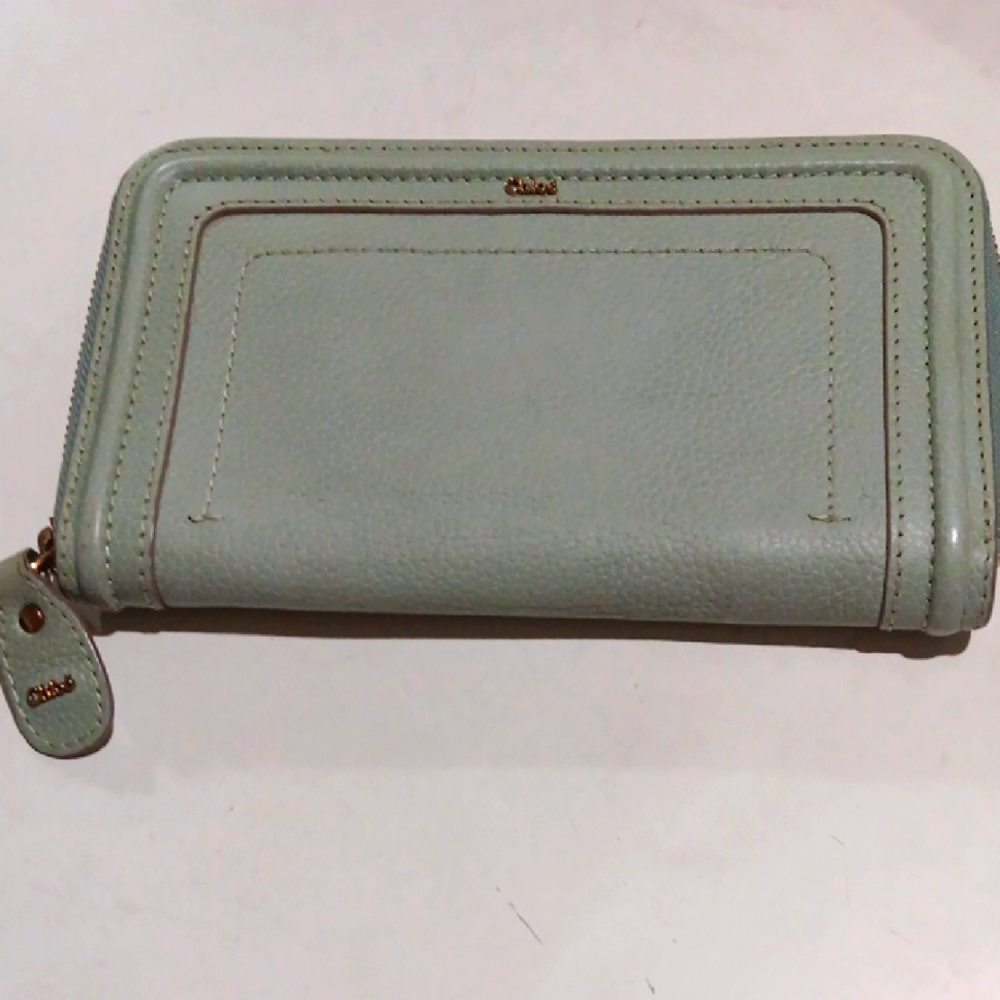 Chloe Leather Long Zip Around Wallet Signature Monogram Seafoam Green EUC
